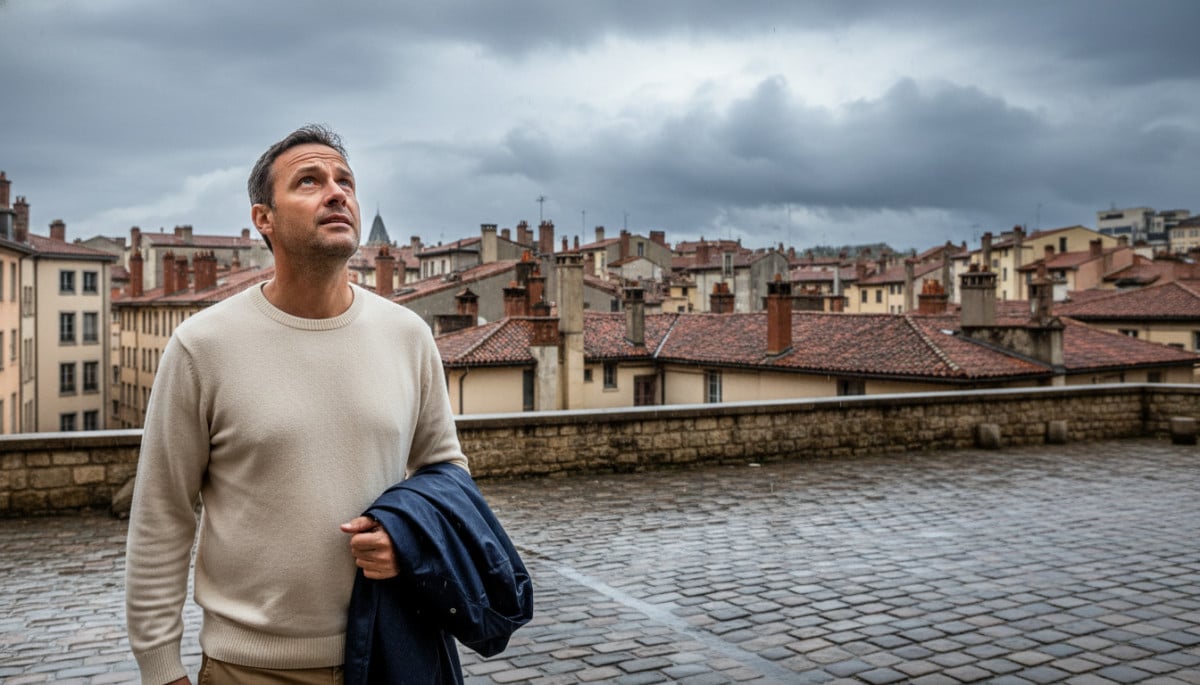 Homme sous ciel gris nuageux dans une ville du centre de la France