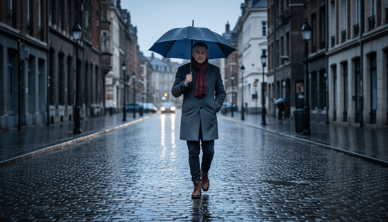 Homme sous la pluie dans les rues grises de Lille