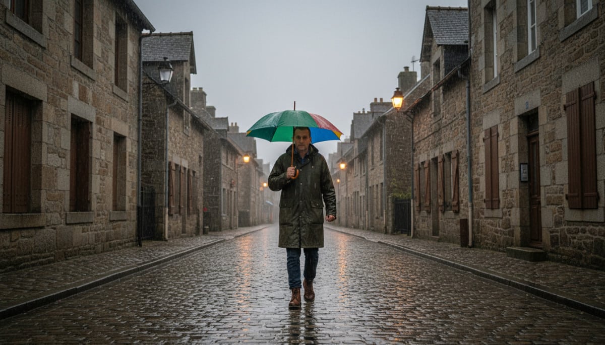 Homme sous la pluie en Bretagne avec parapluie
