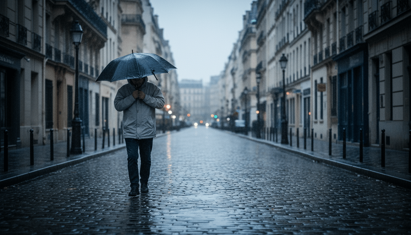 Homme sous parapluie dans une rue parisienne sous la pluie