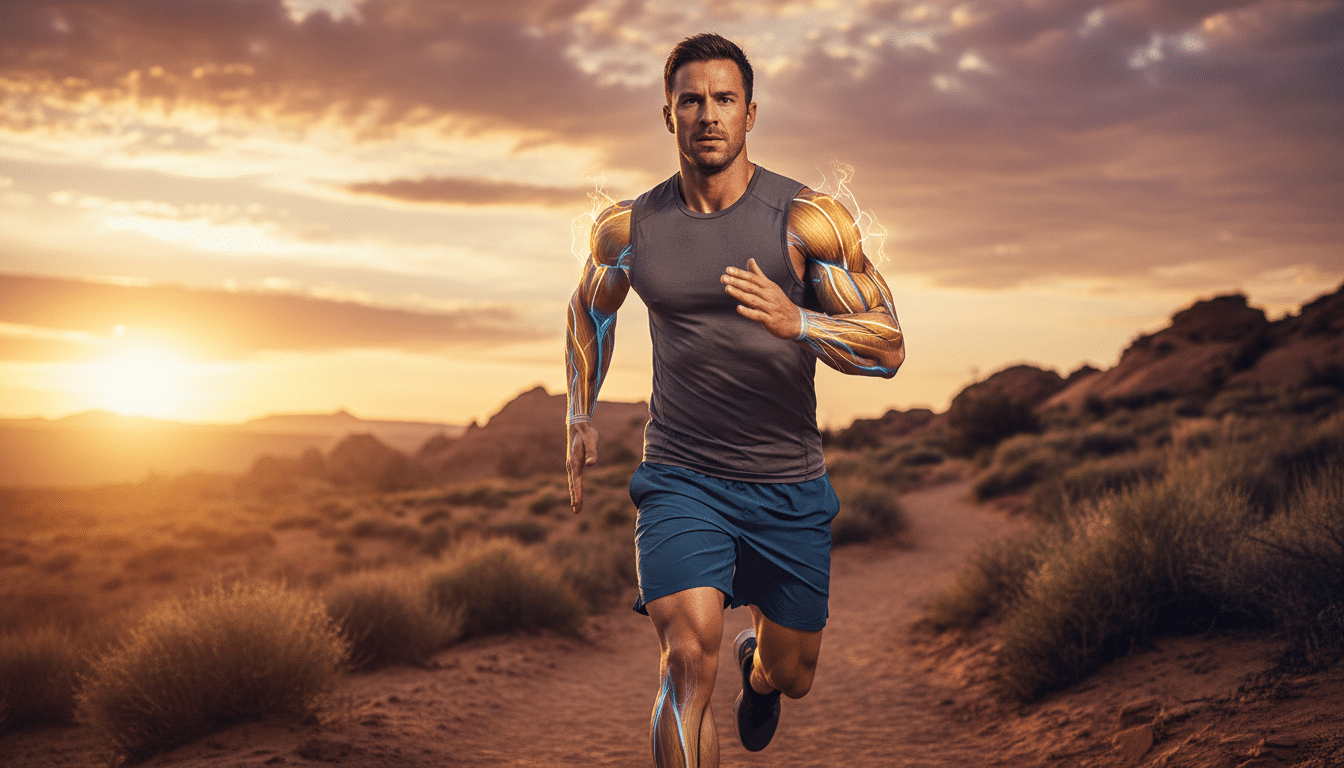 Homme sportif courant avec énergie lumineuse corporelle