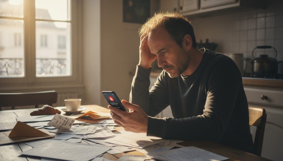Homme stressé face à un compte bancaire bloqué sur son téléphone