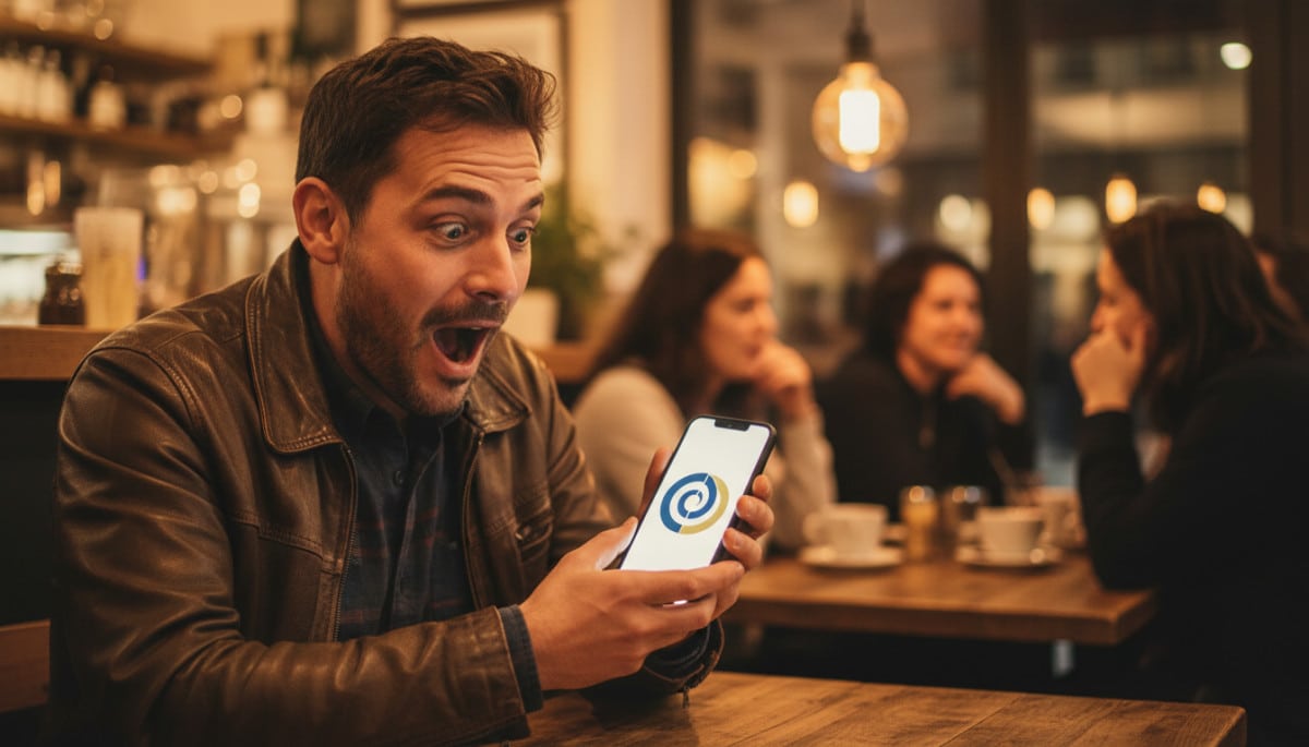 Homme stupéfait en découvrant le secret du logo sur son téléphone