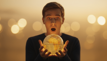 homme stupéfait tenant un globe terrestre dans ses mains
