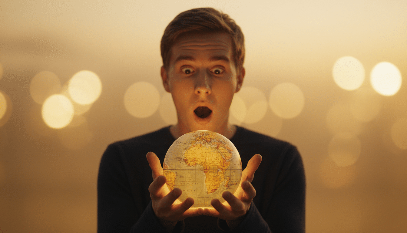 homme stupéfait tenant un globe terrestre dans ses mains