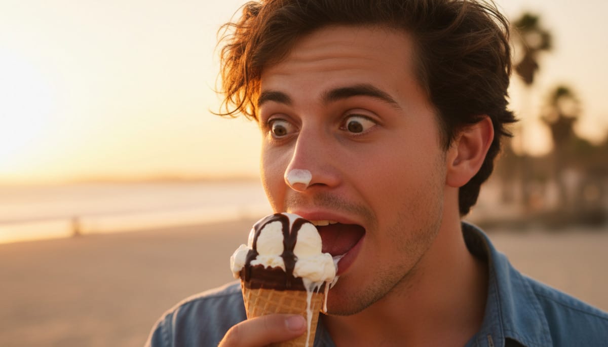 homme surpris croquant dans un Cornetto au soleil