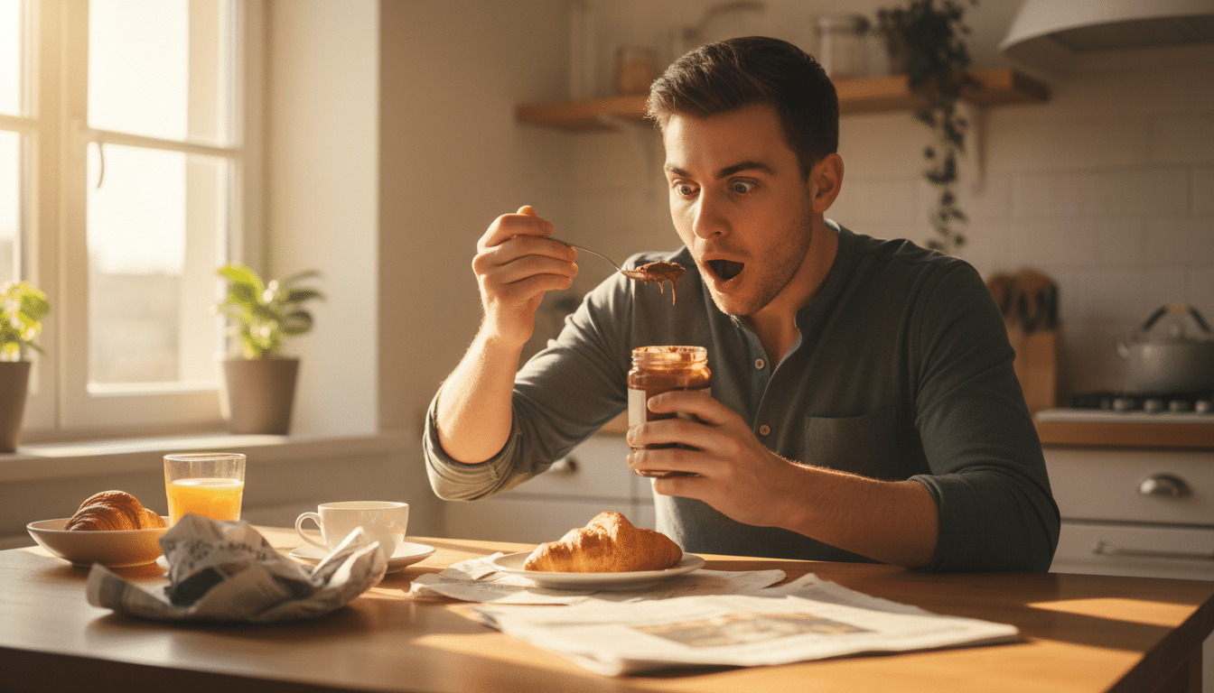 Homme surpris en lisant la composition du Nutella