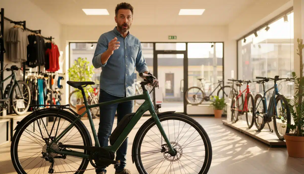 homme surpris par le prix d'un vélo électrique en magasin
