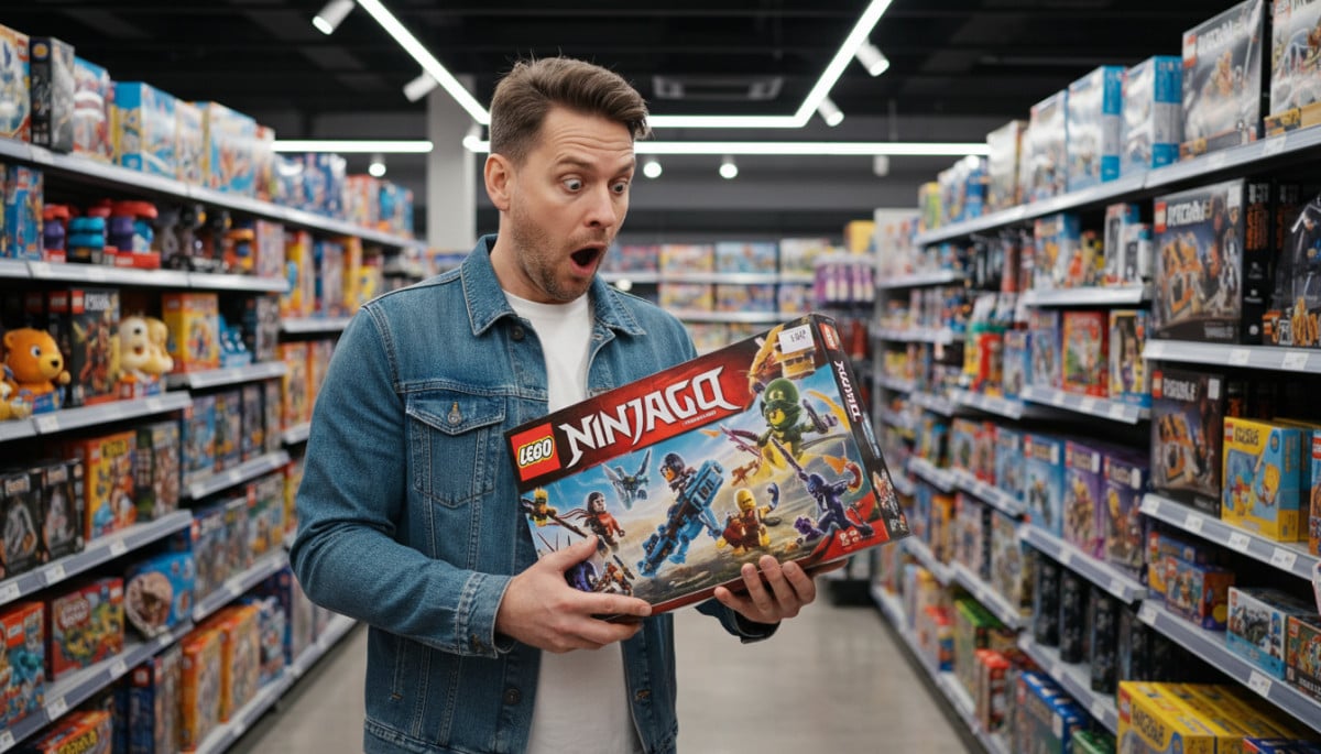 Homme surpris par le prix d'une boîte de Lego en magasin