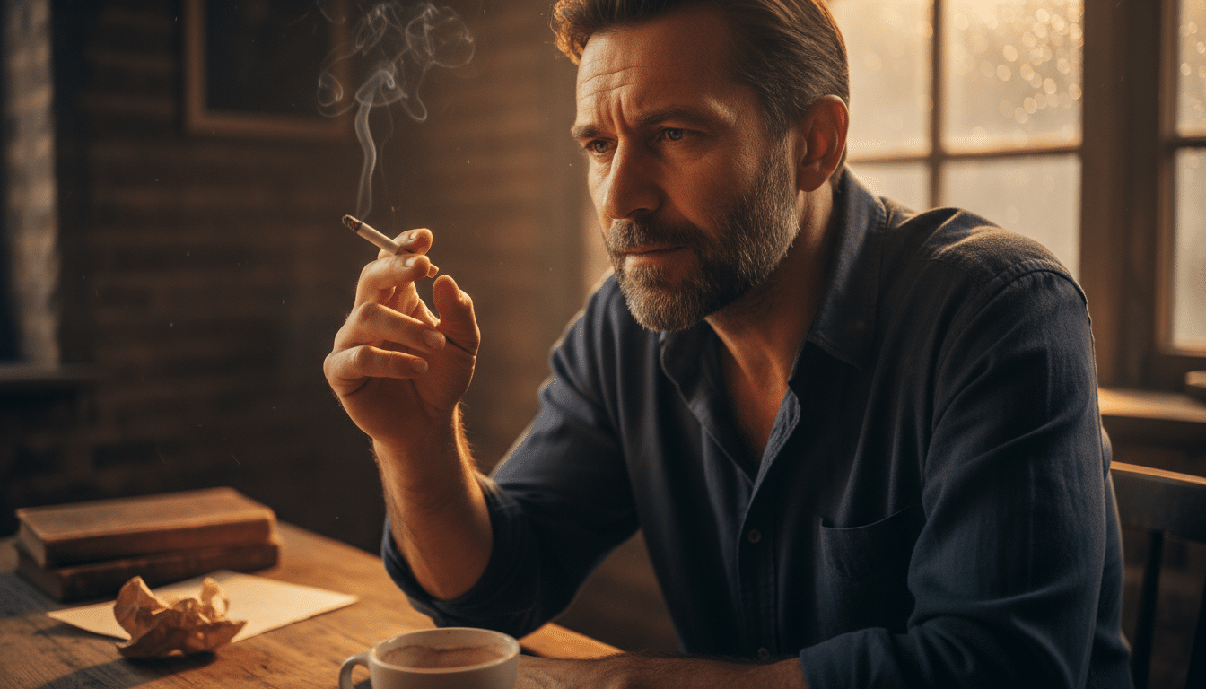 Homme tenant une cigarette, réflexion sur la consommation mondiale de tabac