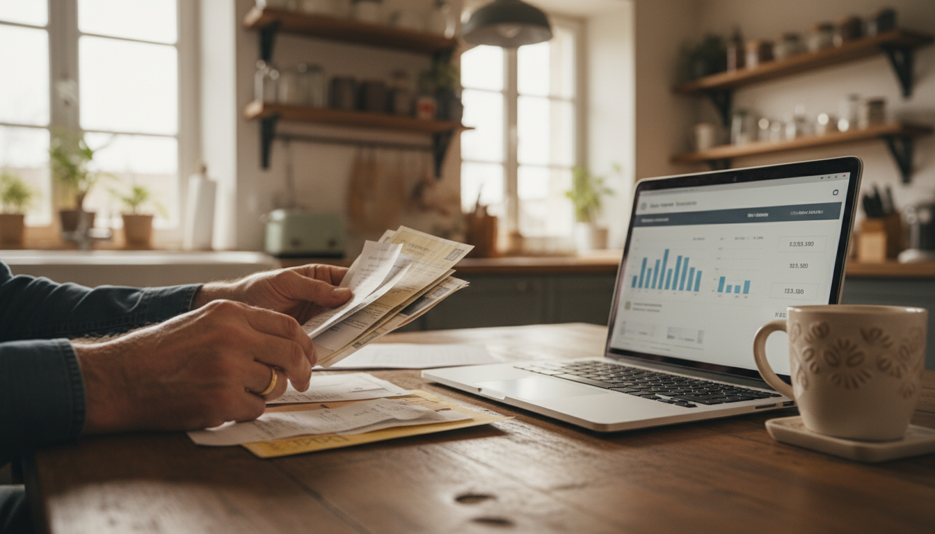 Homme triant ses factures et budget mensuel à la maison