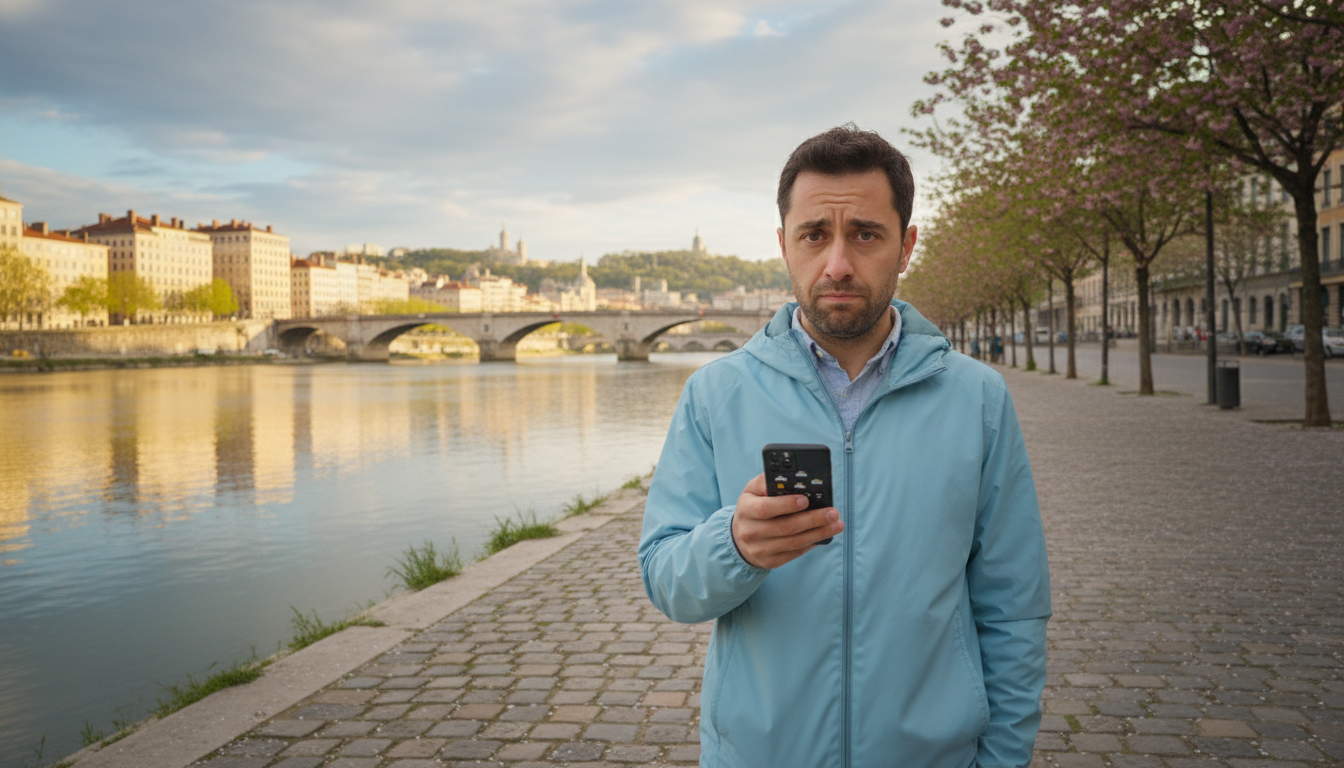 Homme vérifiant la météo au bord du Rhône à Lyon