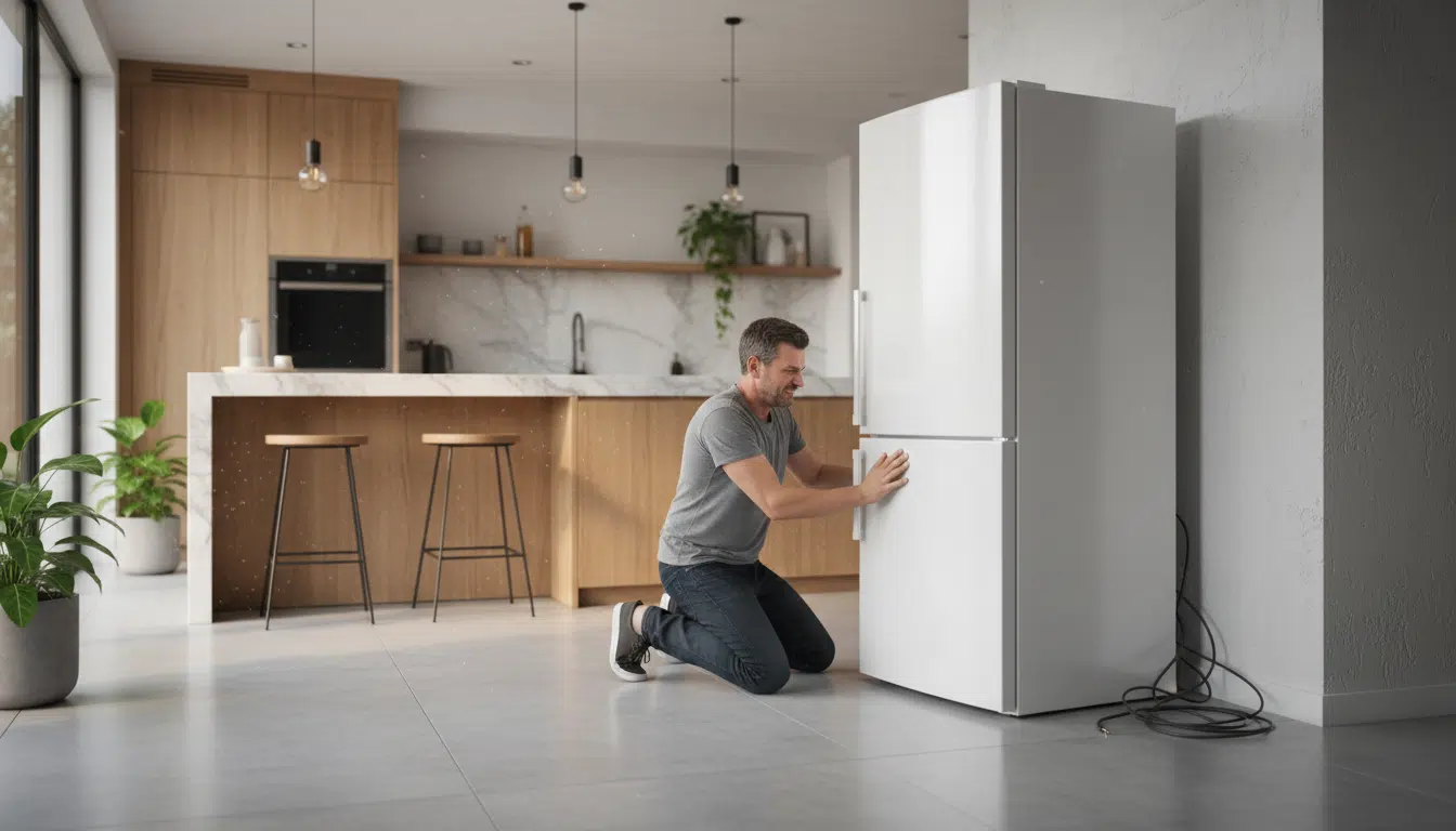 Homme vérifiant l'espace derrière son réfrigérateur congélateur