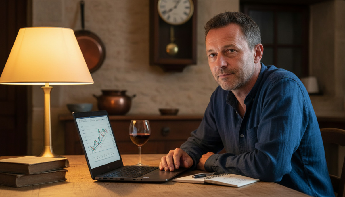 Homme vérifiant ses comptes bancaires le soir