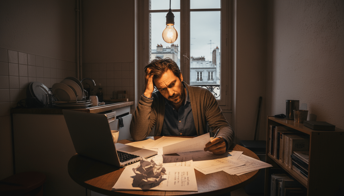 Homme vérifiant son budget sur papier dans un petit appartement