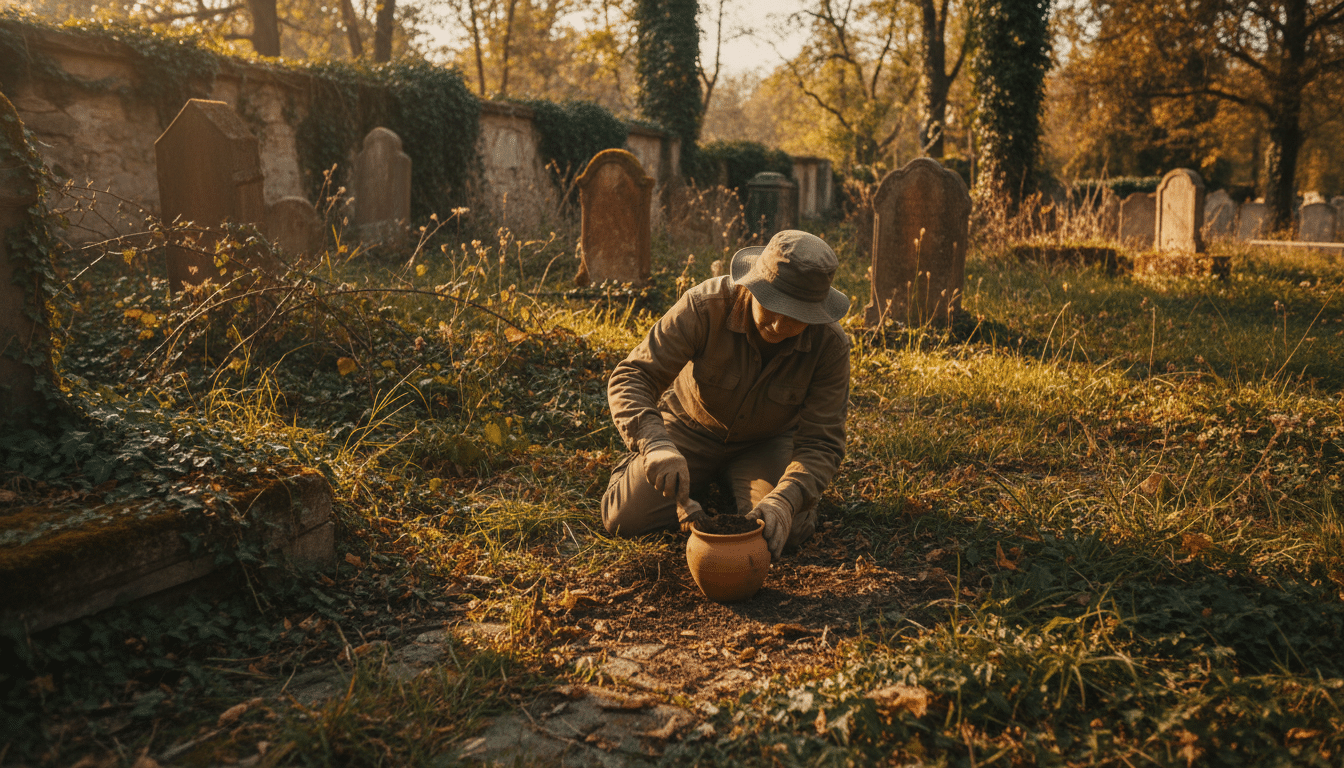 Archéologue fouillant un pot funéraire dans un cimetière hongrois