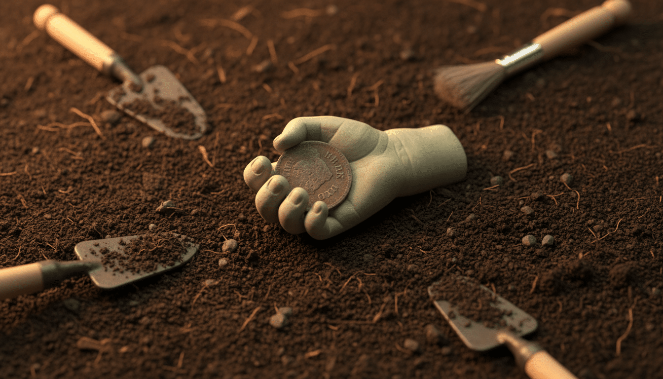 Main momifiée verdâtre d'un nourrisson serrant une pièce de cuivre