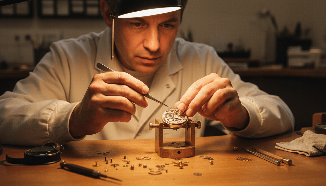 Horloger assemblant un mouvement de montre de luxe à Genève