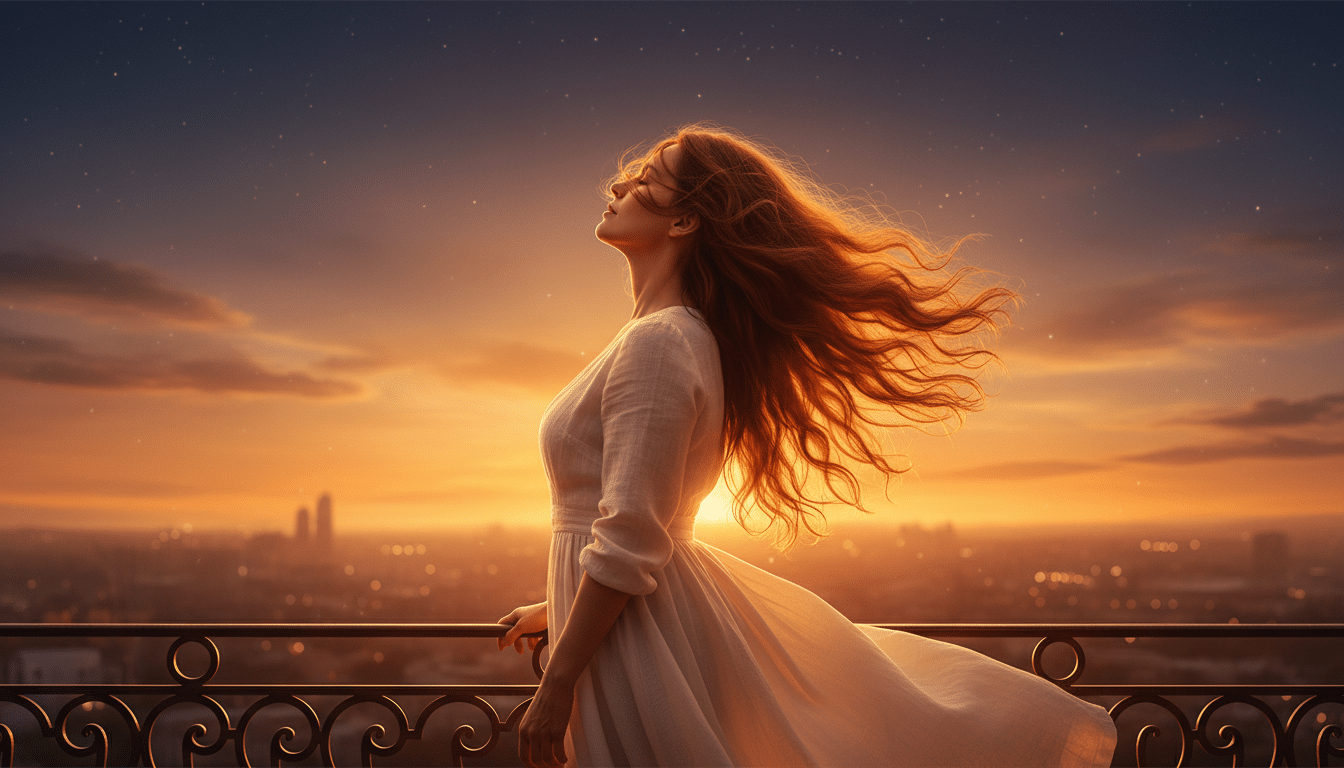 Femme rêveuse sur un balcon au coucher du soleil