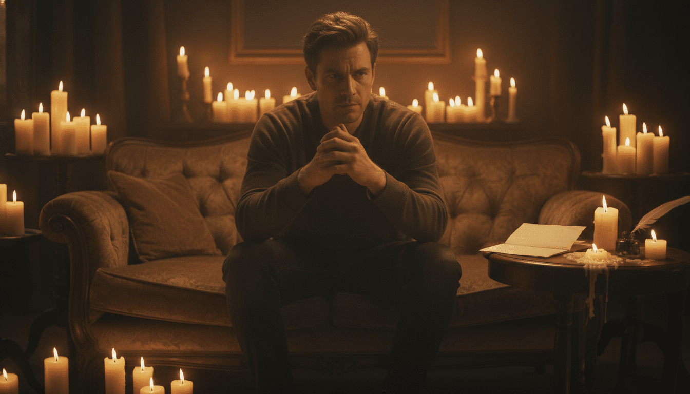 Homme pensif entouré de bougies dans une ambiance intime