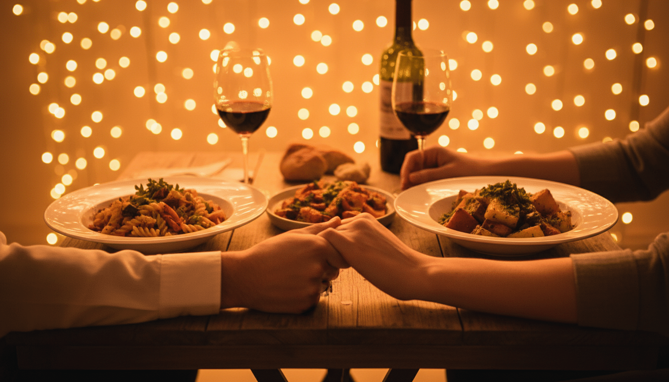 Couple se tenant la main lors d'un dîner romantique