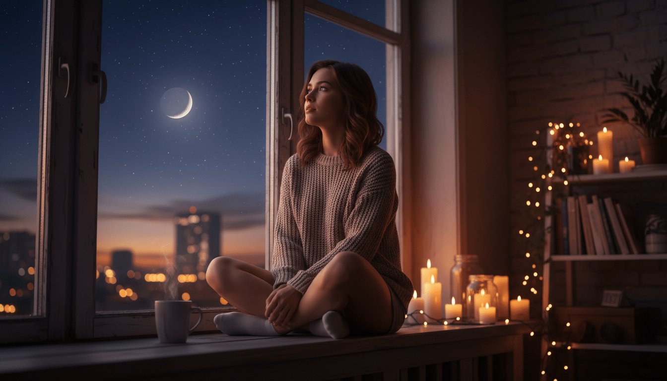 Femme contemplant un ciel étoilé à la lumière dorée