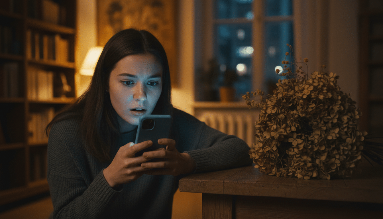 Personne émue lisant un message inattendu sur son téléphone