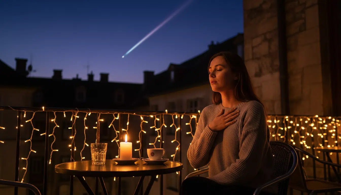 Femme en réflexion sous une pluie d'étoiles filantes au crépuscule