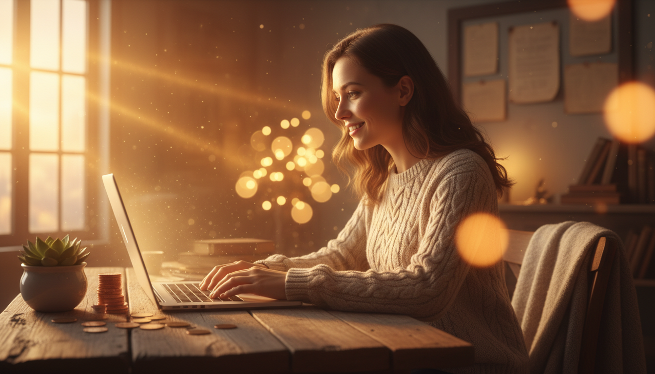 Personne souriante consultant ses finances sur un ordinateur