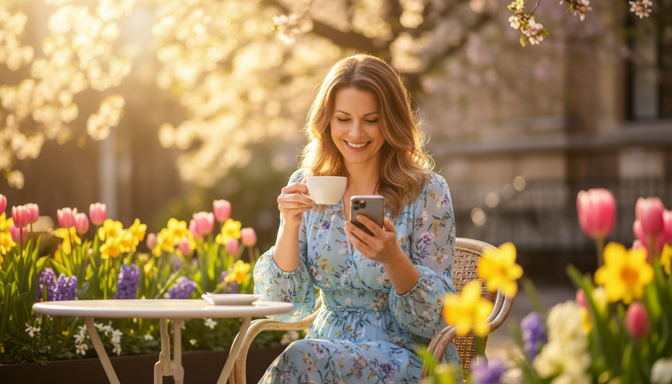 Femme souriante en terrasse au printemps