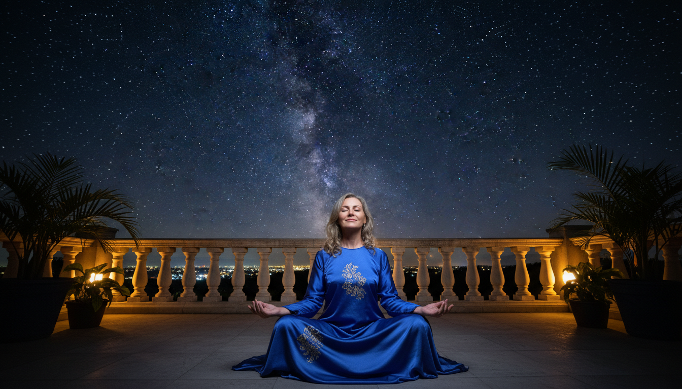 Femme sereine sous un ciel étoilé