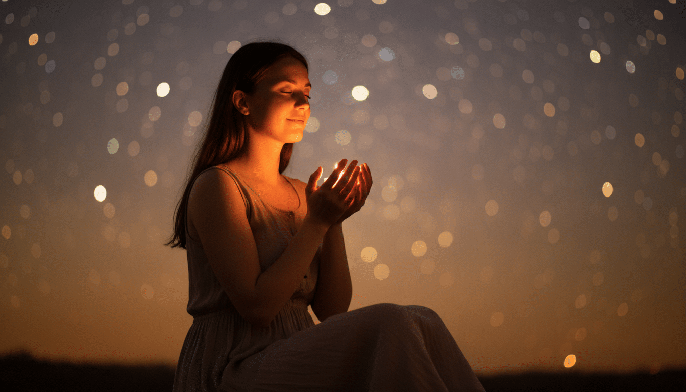 Femme sereine tenant une lumière dorée sous un ciel étoilé