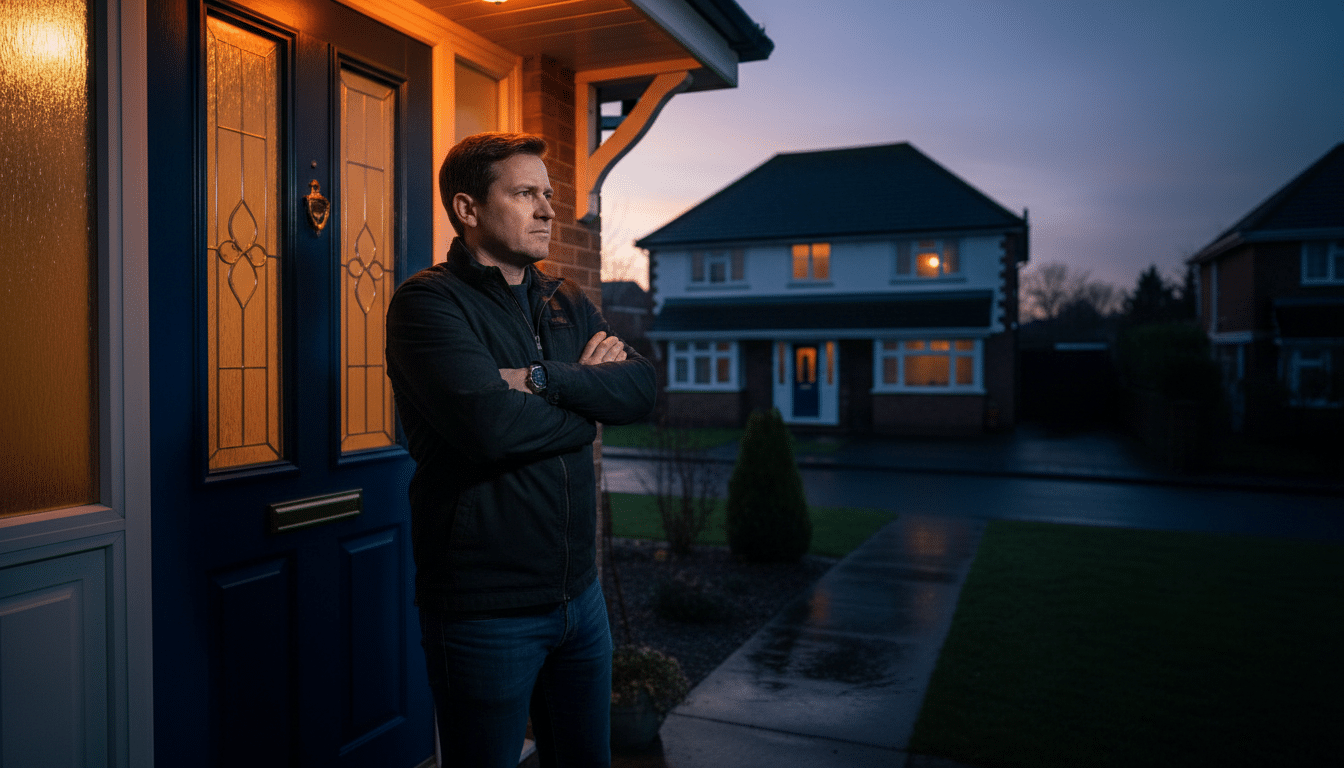 Personne tendue devant la porte de sa maison au crépuscule