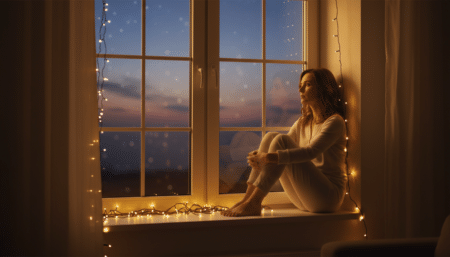 Femme pensive assise dans une lumière dorée au crépuscule