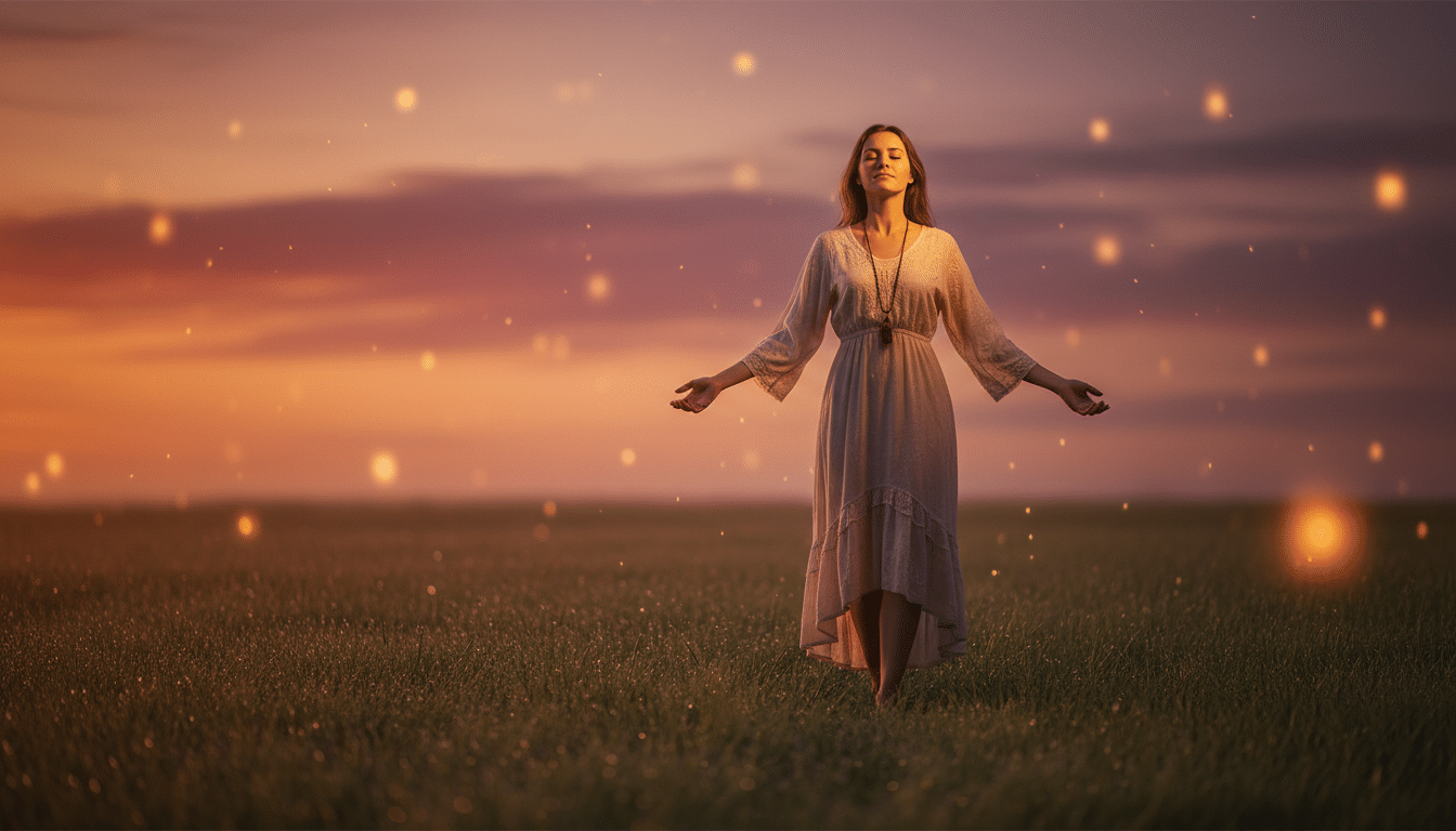 Femme marchant pieds nus dans l'herbe au coucher du soleil