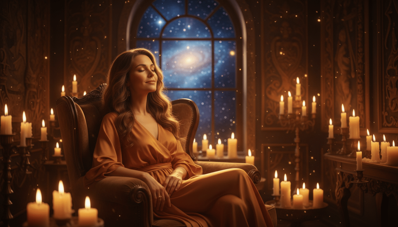 Femme sereine baignée de lumière dorée mystique