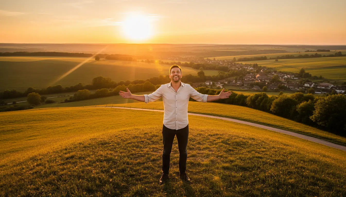 Homme soulagé au sommet d'une colline au coucher du soleil