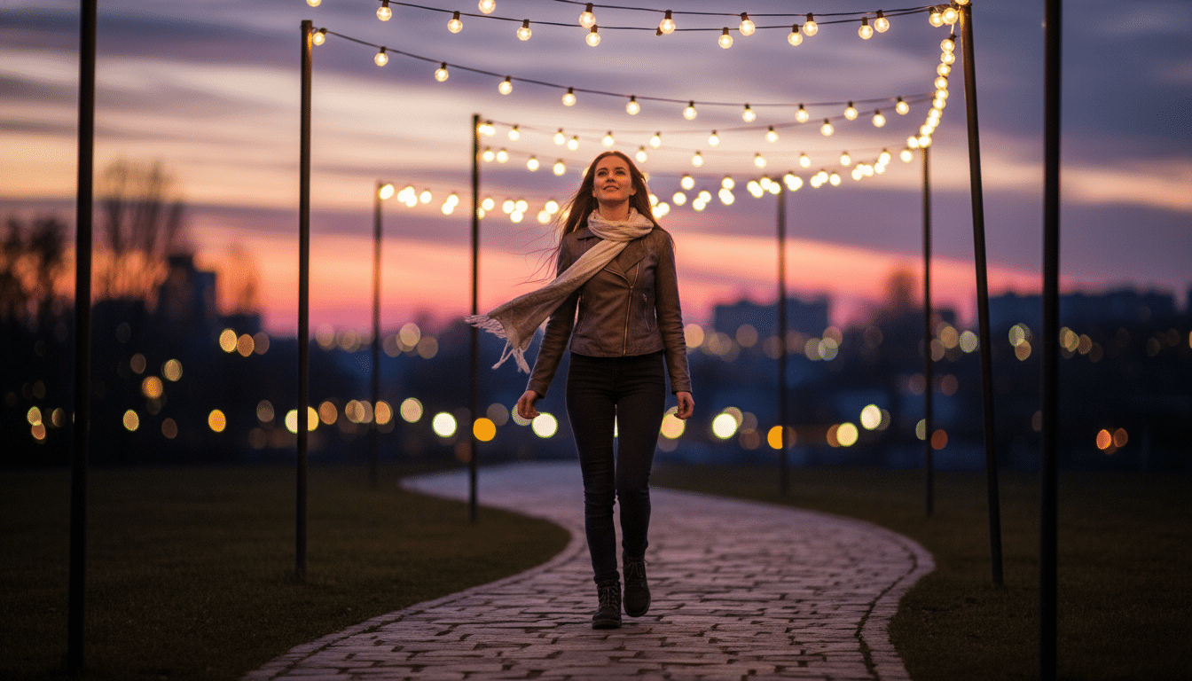 Femme marchant avec assurance sous des lumières dorées