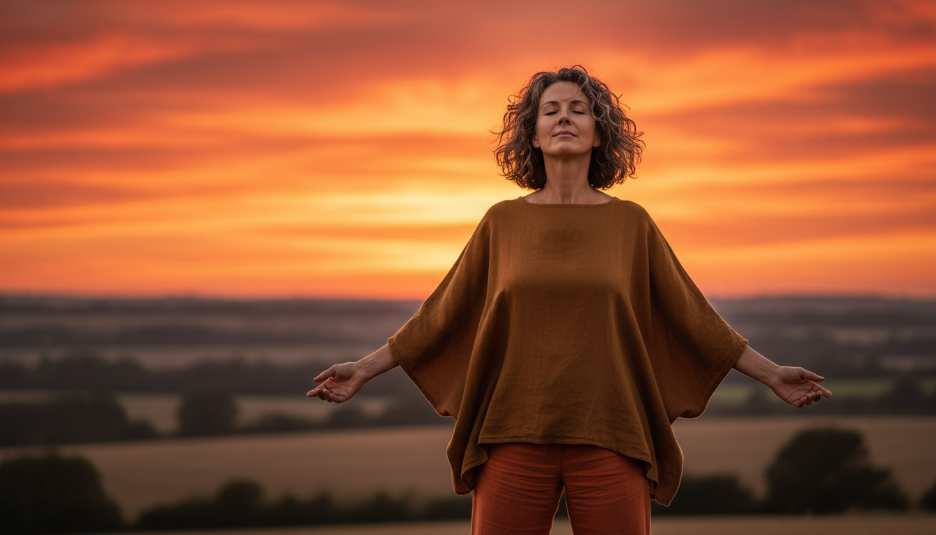 Personne les bras ouverts au coucher de soleil doré