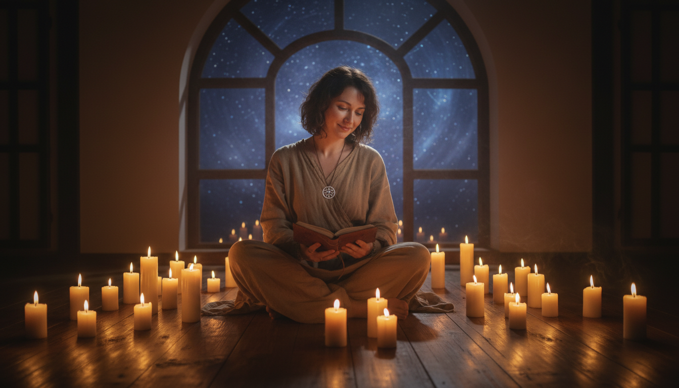 Personne méditant avec bougies dans une ambiance mystique