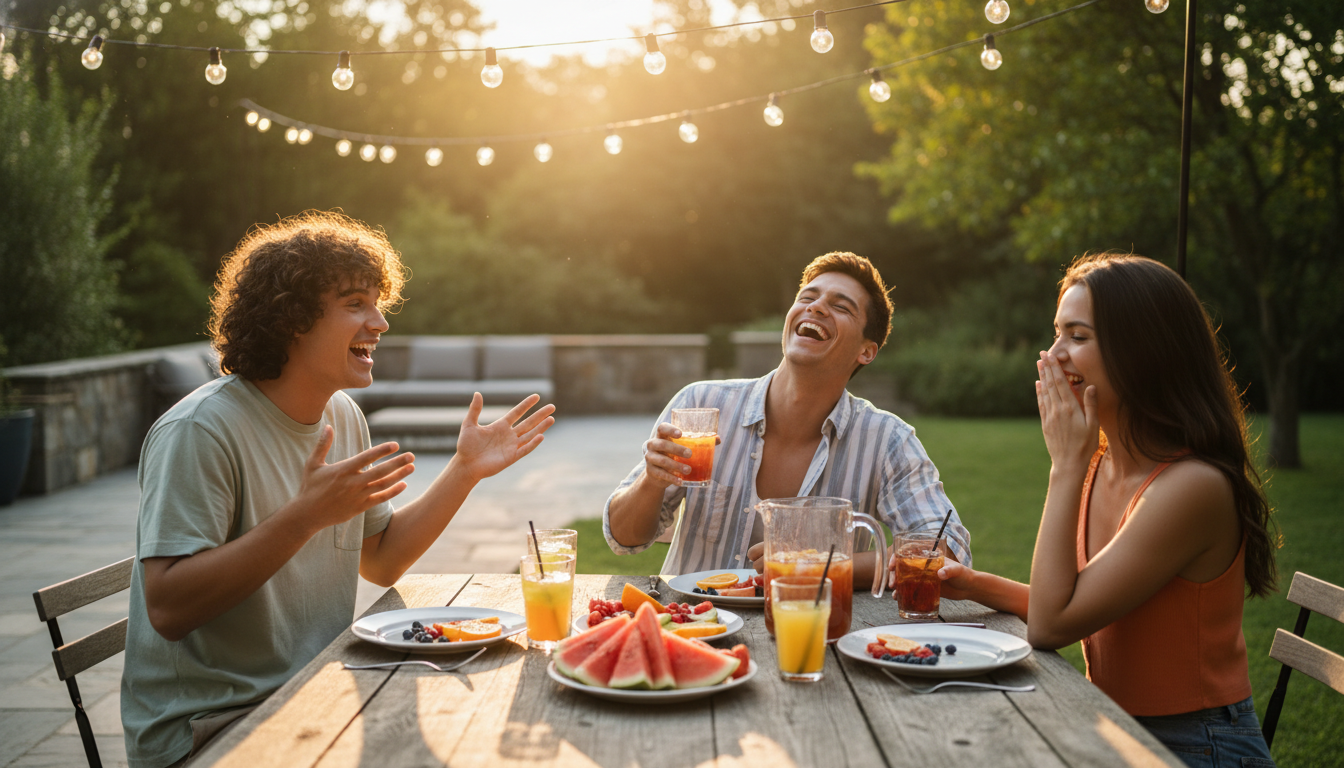 Groupe d'amis riant autour d'une table en été