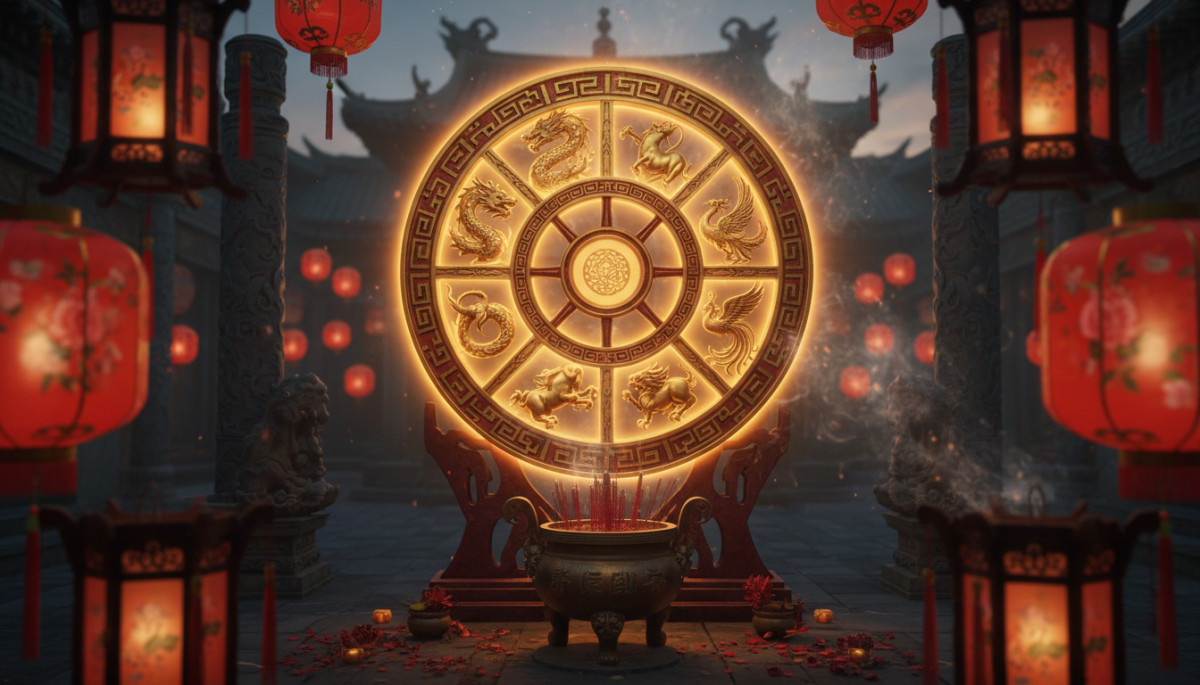 Horoscope chinois du 16 avril 2026 : femme en soie rouge dans une forêt de bambou avec énergie de Feu printanier