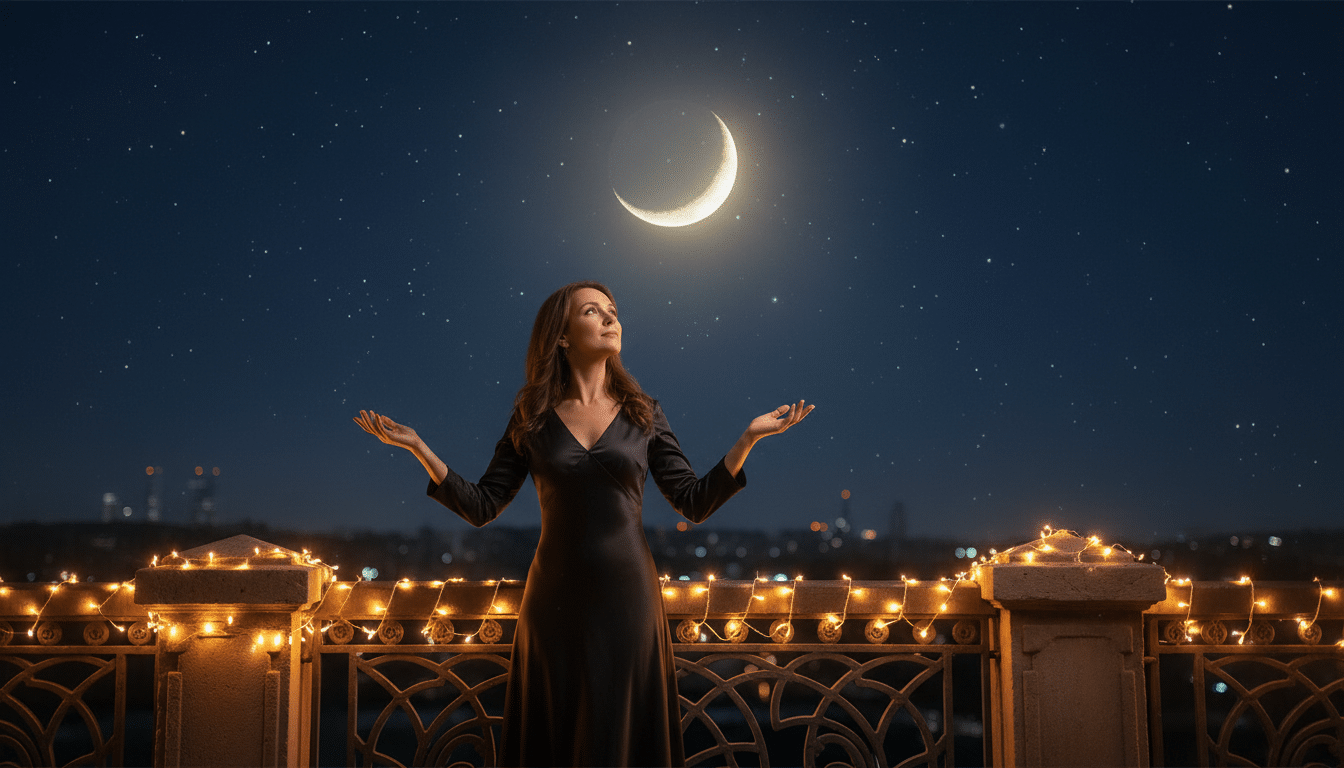 Femme sur un balcon admirant la lune et les étoiles