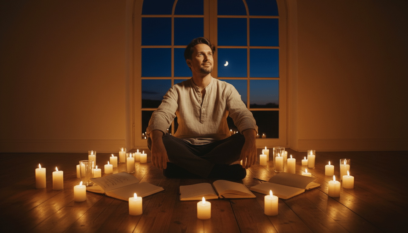 Homme méditant à la lueur des bougies sous un ciel nocturne