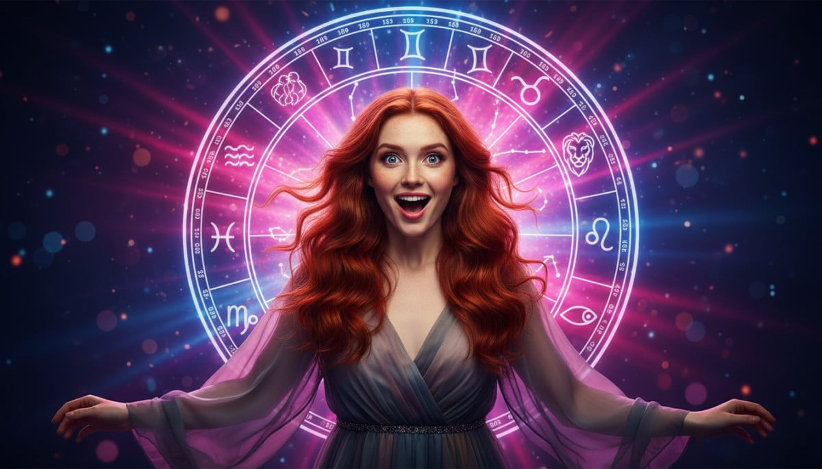 Horoscope du lundi 27 avril 2026 — femme entourée d'étoiles et constellations cosmiques