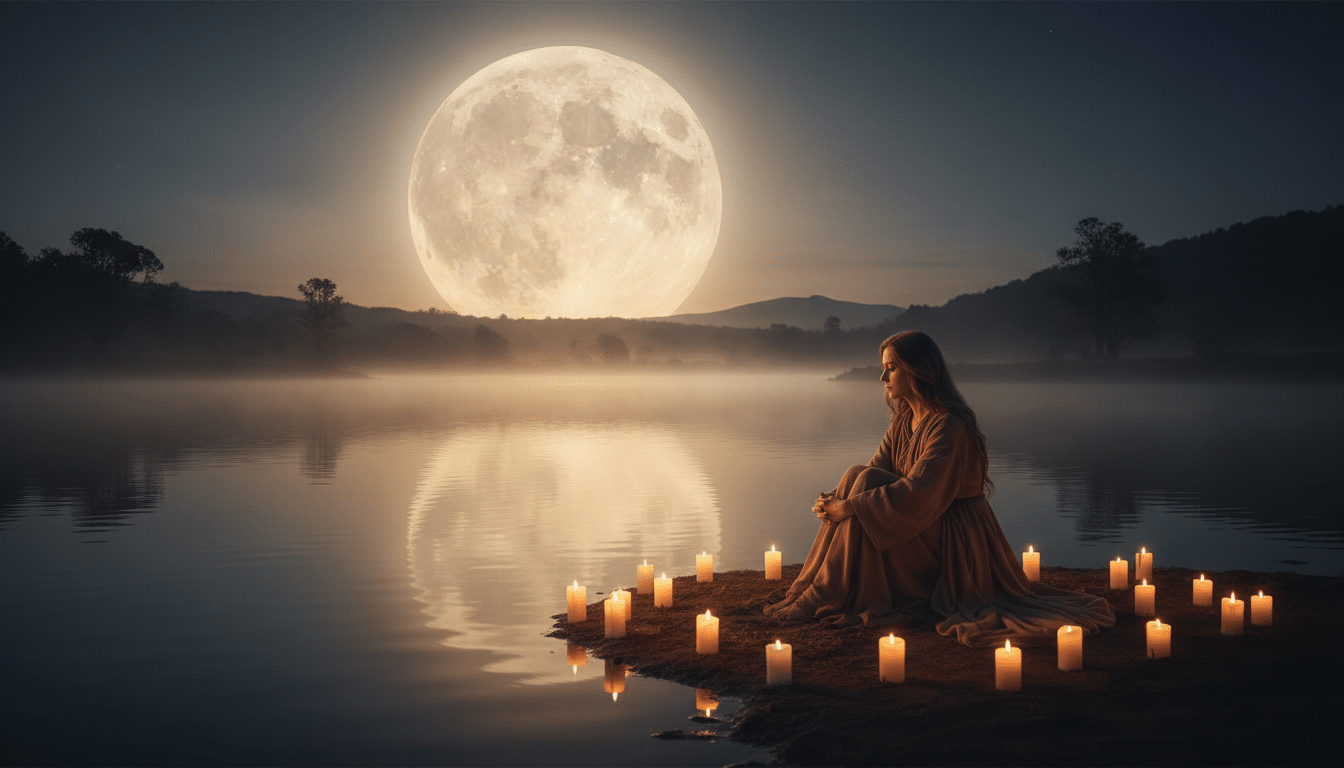 Personne contemplative au bord d'un lac sous la pleine lune