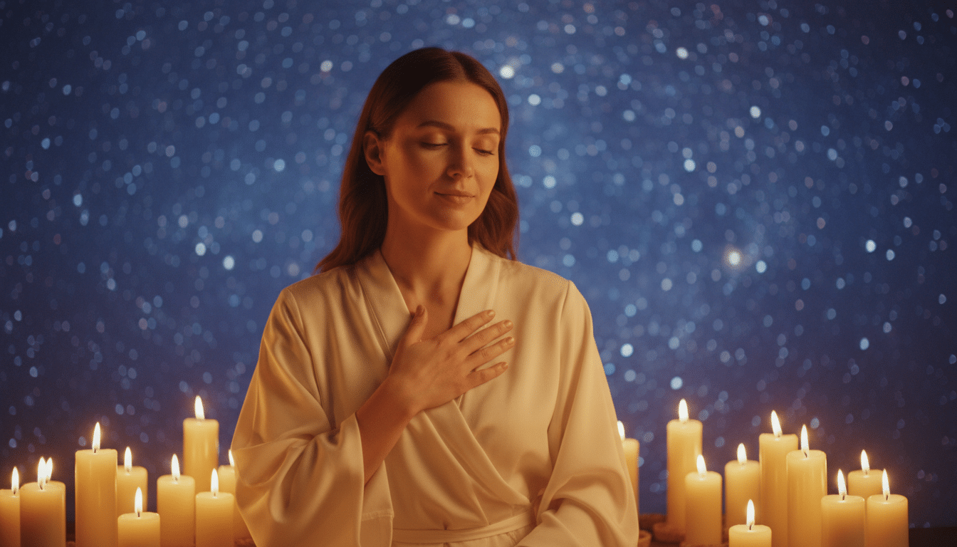 Personne émue la main sur le cœur dans une lumière dorée