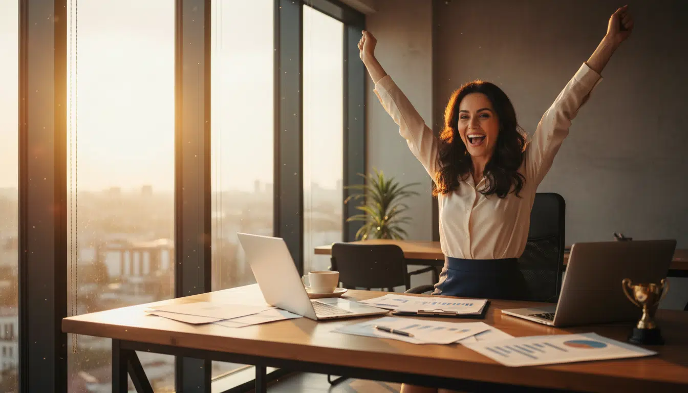 Femme célébrant une réussite professionnelle au bureau
