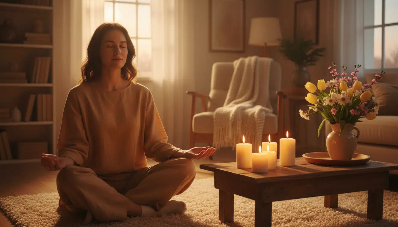 Personne méditant dans une ambiance chaleureuse et sereine