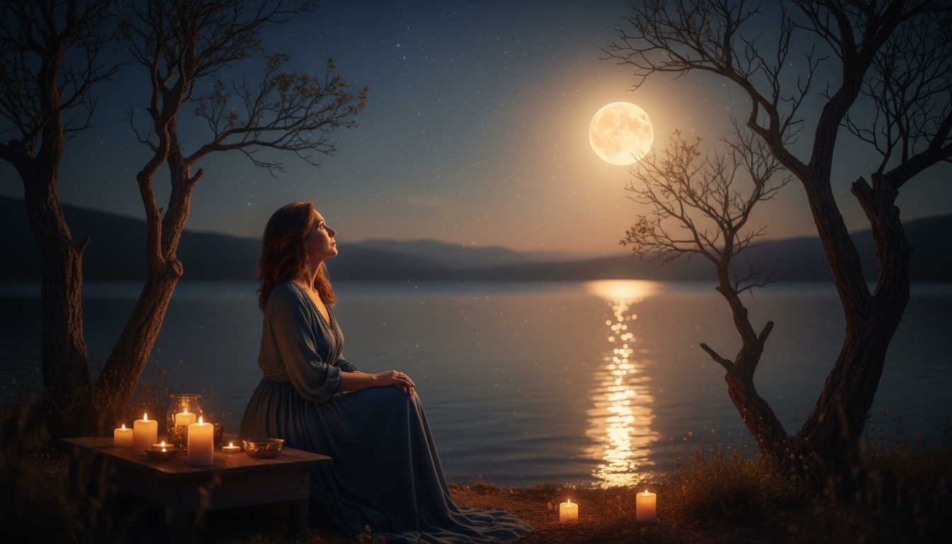 Femme contemplant la pleine lune au bord d'un lac